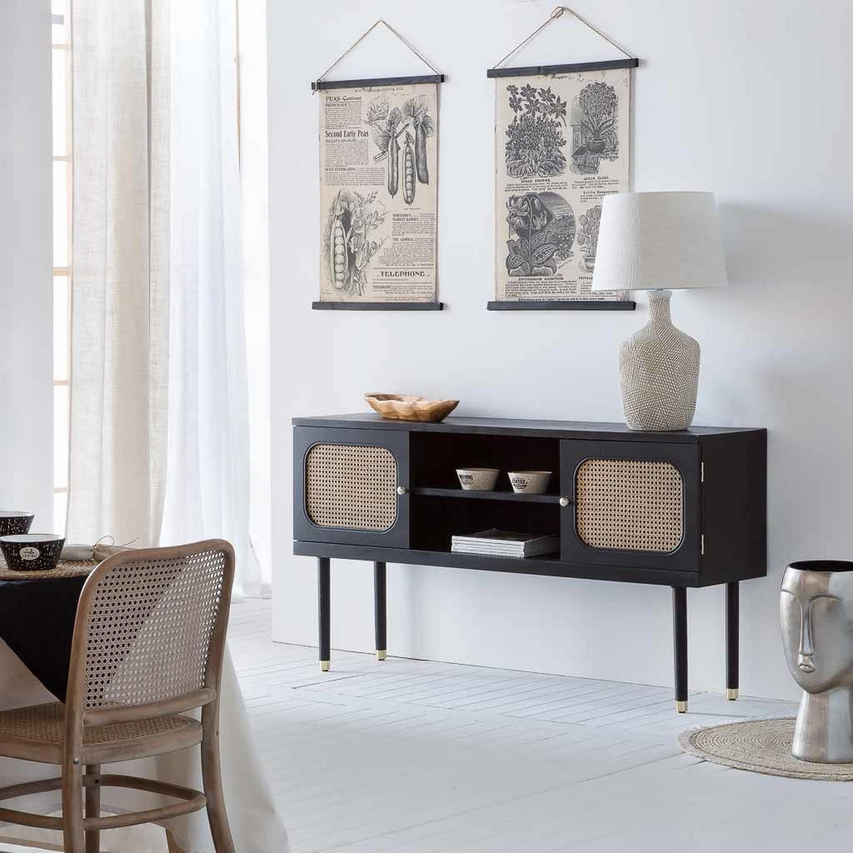 SIDEBOARD aus Holz und Bambusgitter mit zwei Türen, schwarz, 153x38x81 cm - Schwarz, Holz (152.5/81/38cm) - Wanderlust