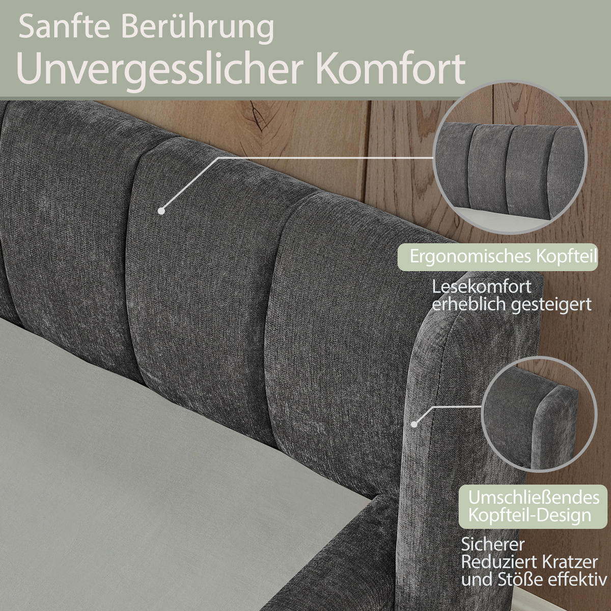 EINZELBETT 90x200 cm Chenille Rückenlehne grau - Dunkelgrau, Kunststoff (90/200cm) - LEBENLANG