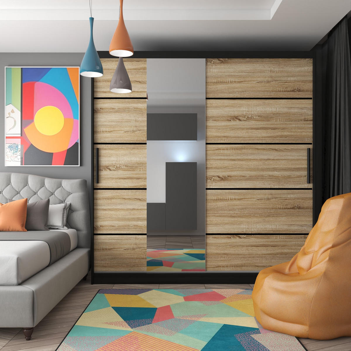 SCHWEBETÜRENSCHRANK Verona MBP, Schwarz/Sonoma Eiche Matt, 200 cm, mit Spiegel - Sonoma Eiche, Holz (200/216/60cm) - B BELINI GROUP