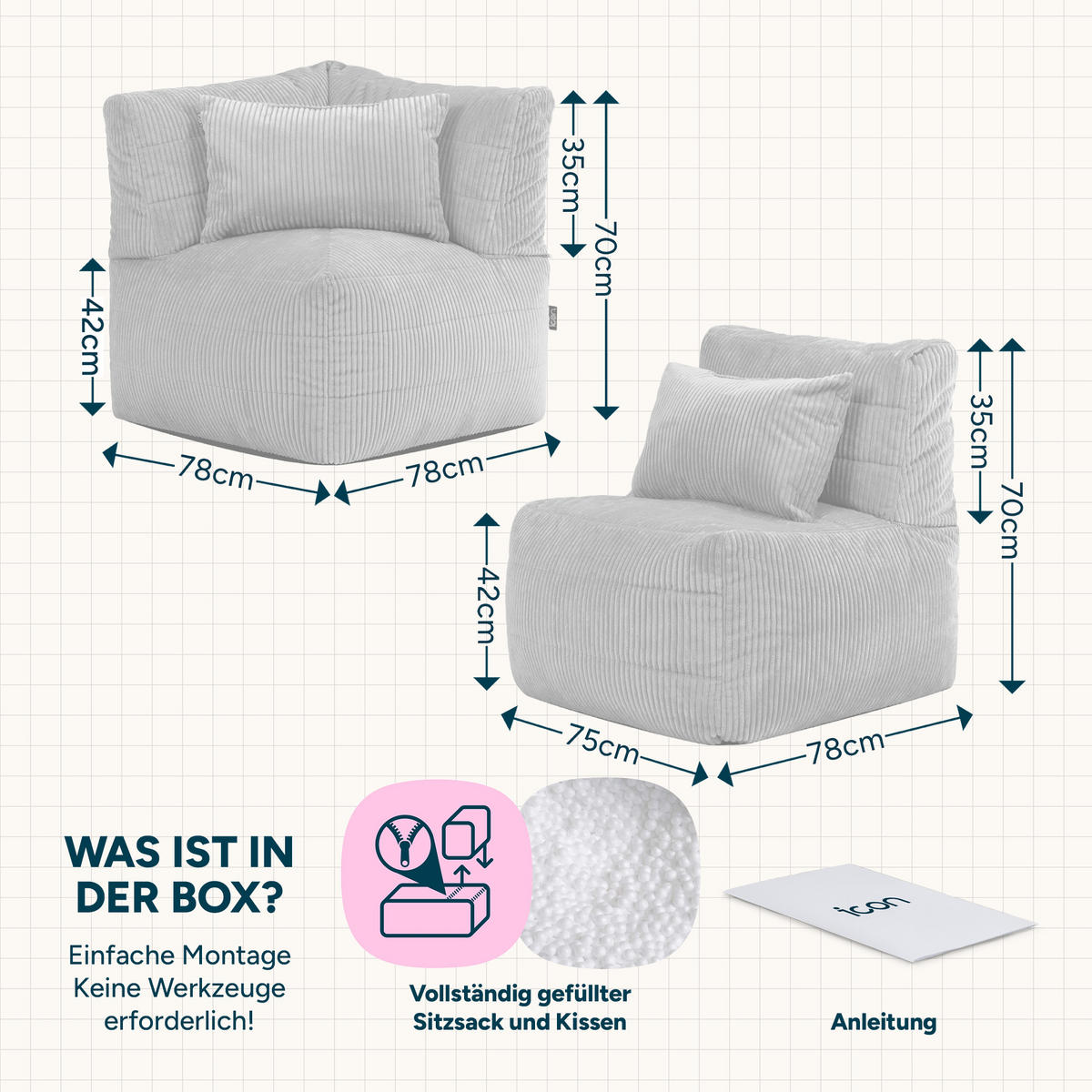 SITZSACK-SOFA 2-tlg. modular cord Noa - Salbeigrün, Textil (143/70/78cm) - icon