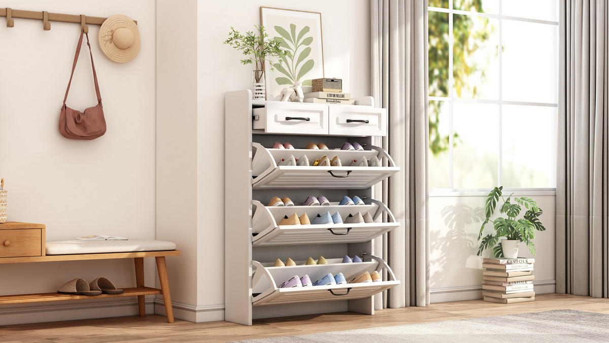 SCHUHSCHRANK mit Schubladen und Türen, weiß matt / Eichen-Optik, moderner Stauraum für Wohnzimmer, 131/23,5/80 cm - Weiß, Holzwerkstoff (131/23.5/80cm) - Redom