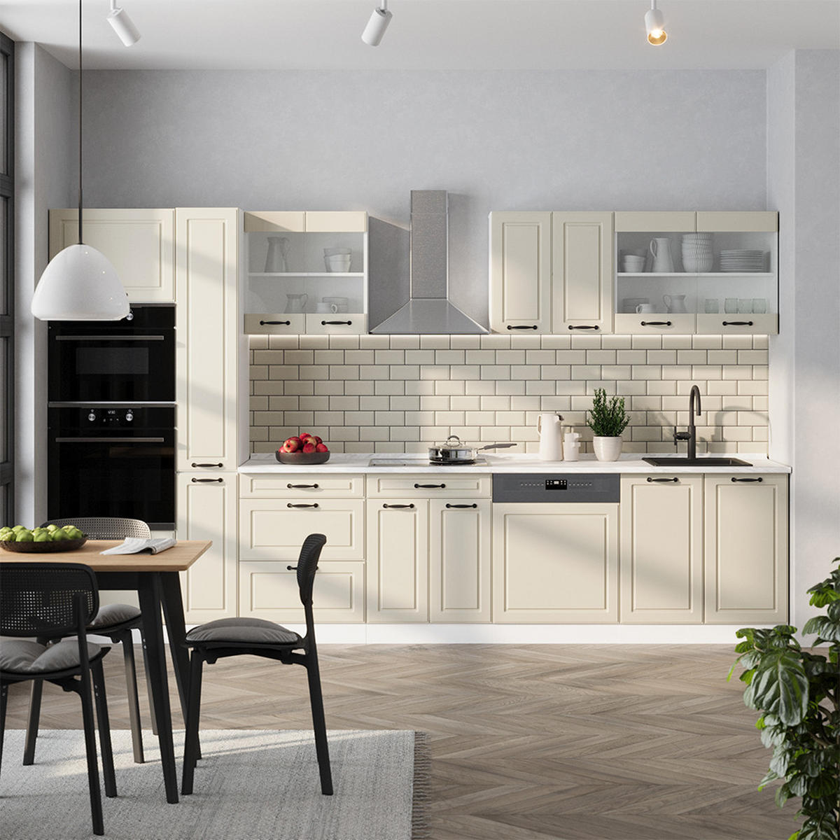 KÜCHENZEILE R-Line, Sand Landhaus/Weiß, 350 cm Arbeitsplatte Marmor - Beige/Weiß, Holzwerkstoff (350/206.8/60cm) - Vicco