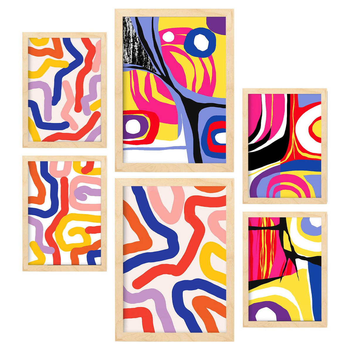 POSTER Set Mit 6 Lebendige Formen In Farbenfrohe Zusammenfassungen A3 & A4 Rahmen Aus Hellem Holz - Beige, Papier (29/3cm) - Nacnic