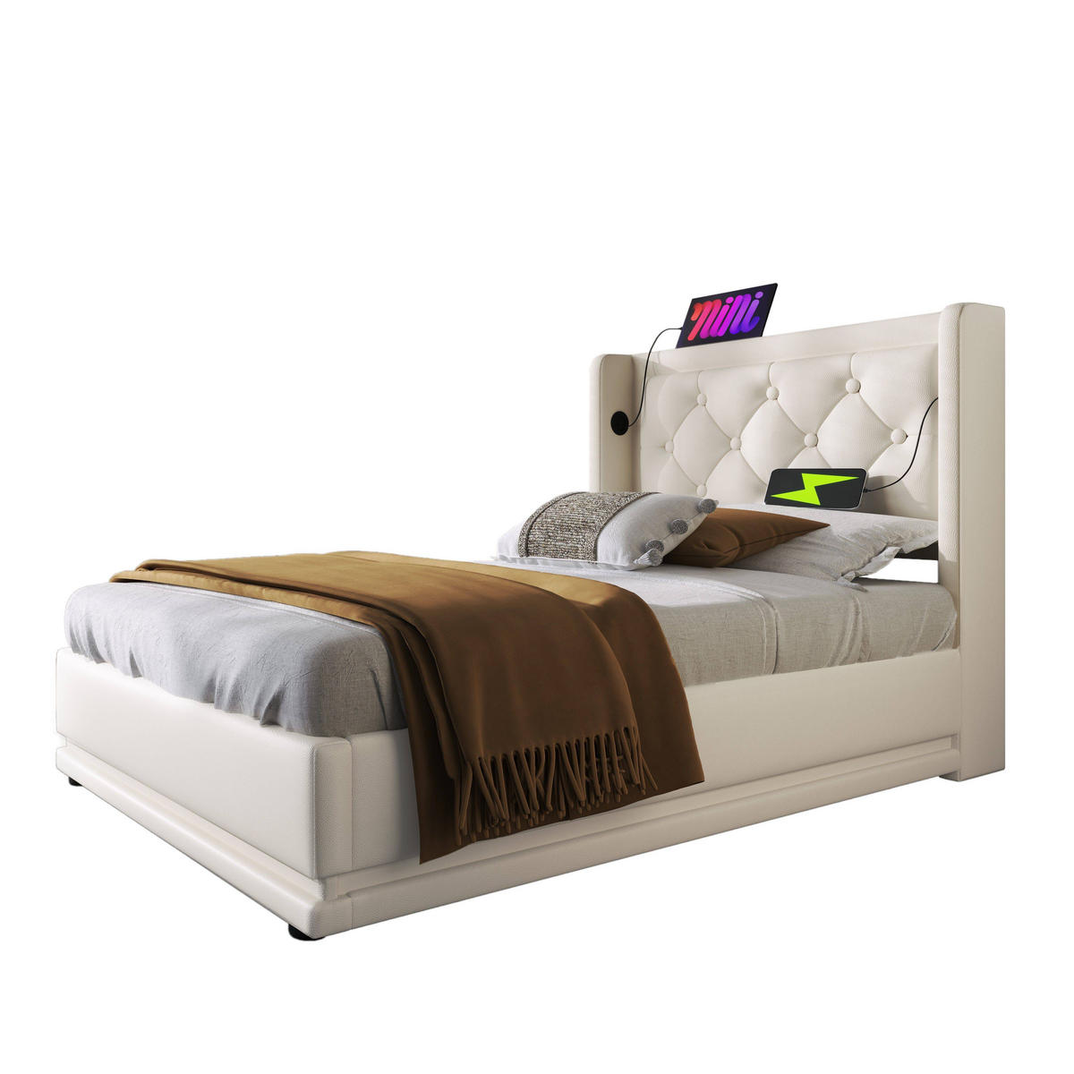 POLSTERBETT 90/200 cm Weiß PU mit hydraulischem Stauraum und USB-Anschlüssen - Weiß, Kunststoff (90/200cm) - OKWISH