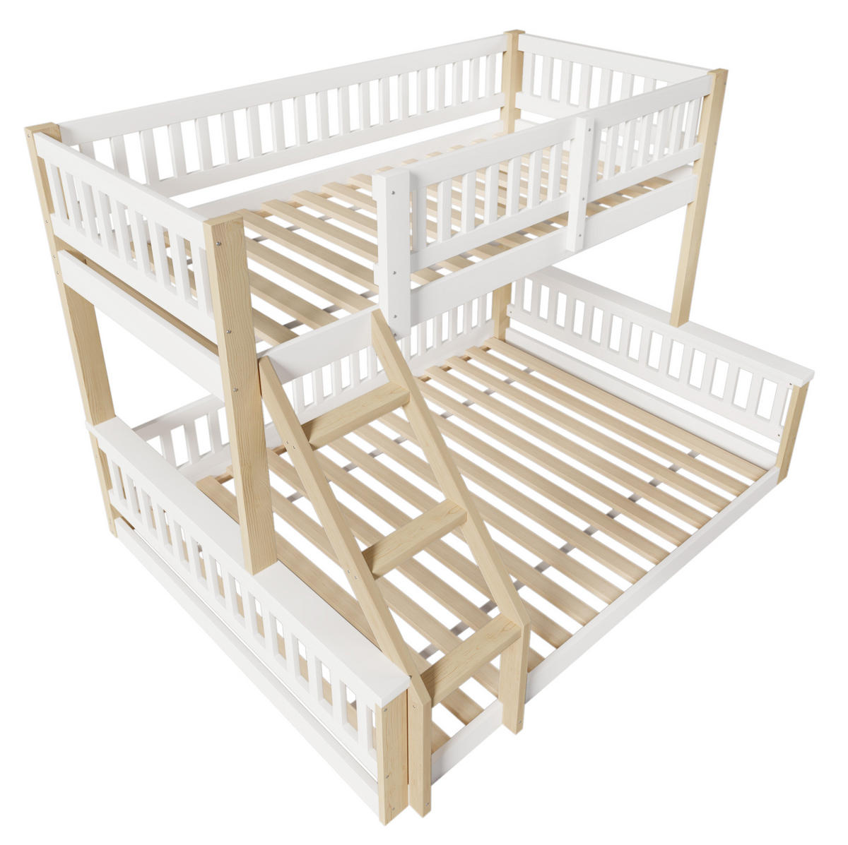 ETAGENBETT 90/200 cm + 140/200 cm, Weiß/Natur mit Leiter und Bettgitter ohne Matratze - Weiß, Holzwerkstoff (140/200cm) - MIVRAY