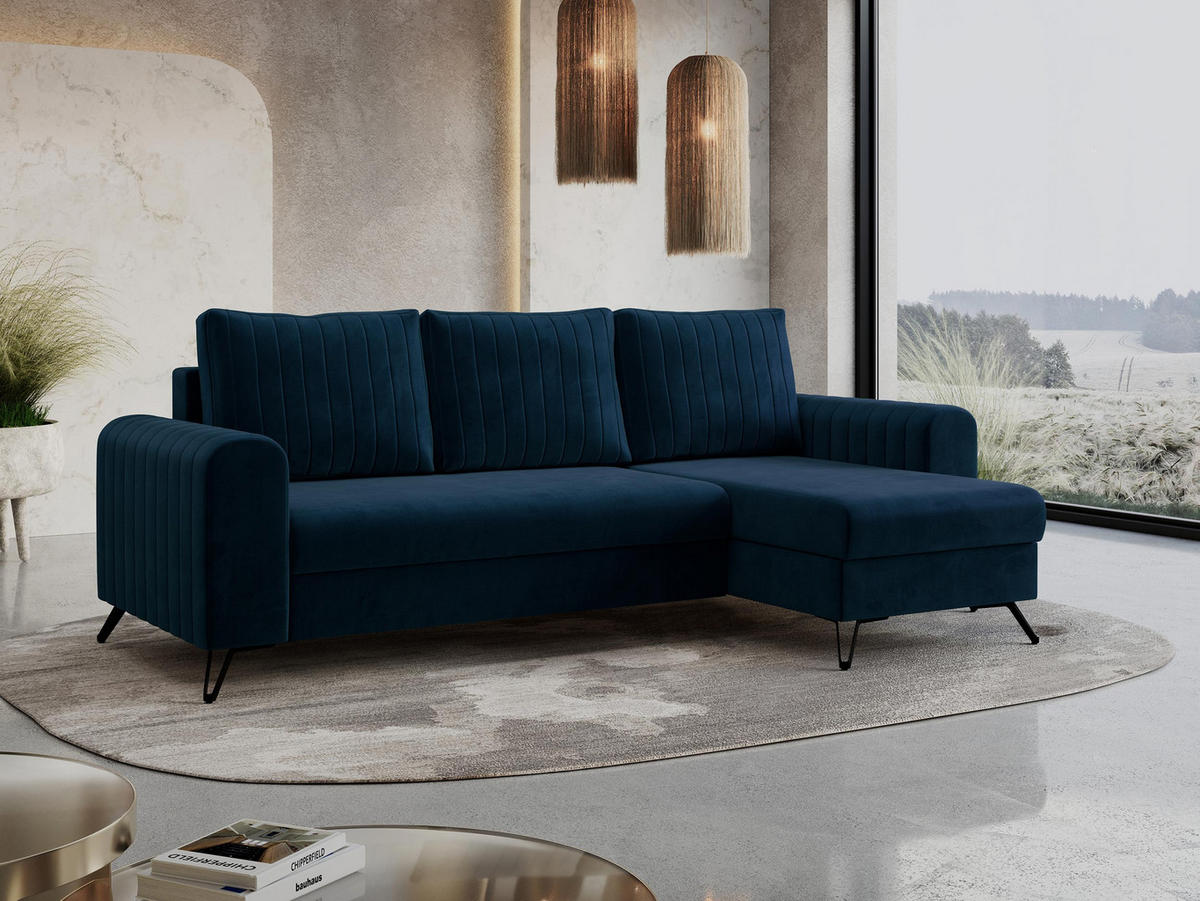 ECKSOFA Axel Velvet Dunkelblau - Schwarz/Dunkelblau, Textil/Metall (242/140cm) - MKS