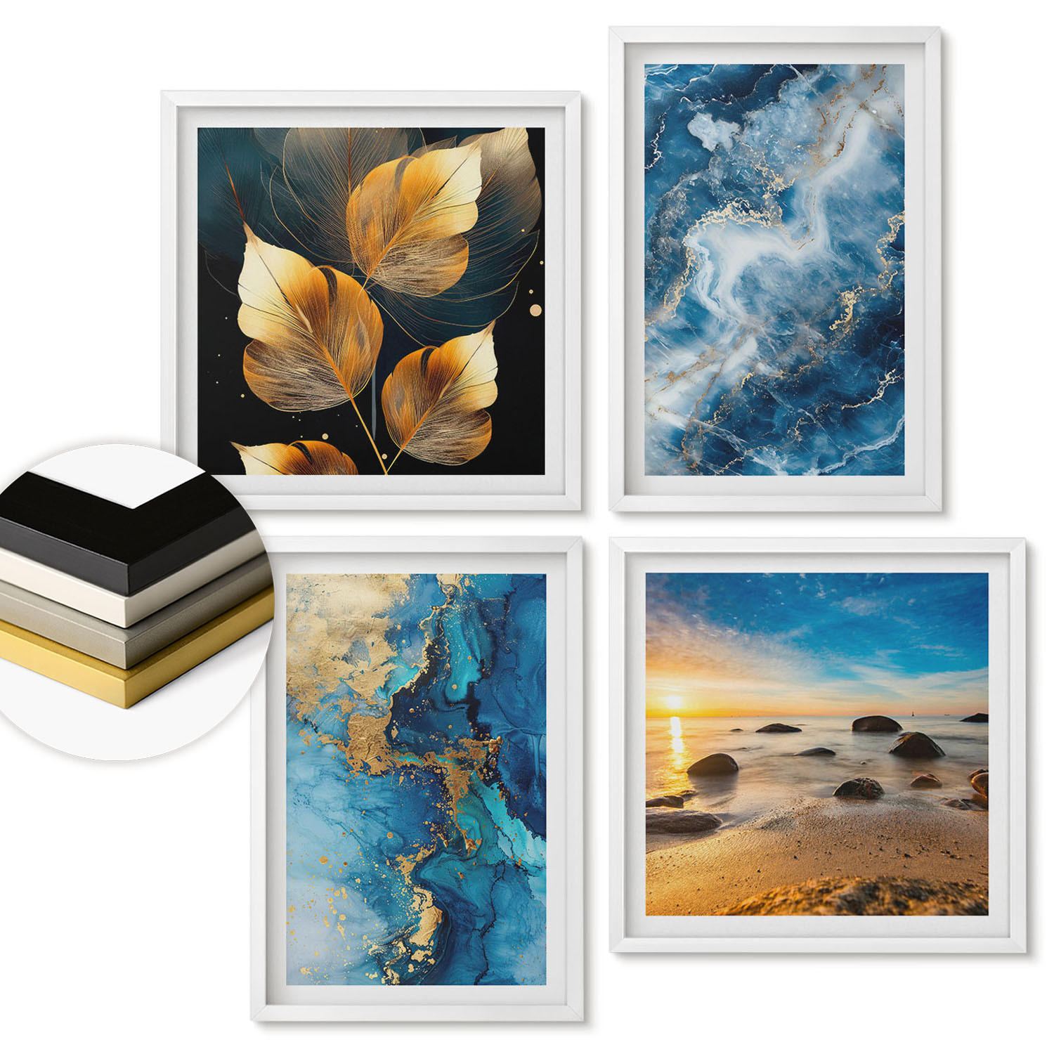 WANDBILDER 4er-Set - 50x50 cm & 40x60 cm Weißer Rahmen - Bilder mit blau-goldenen Mustern - Weiß, Kunststoff (50/50cm) - ArtPrintCave