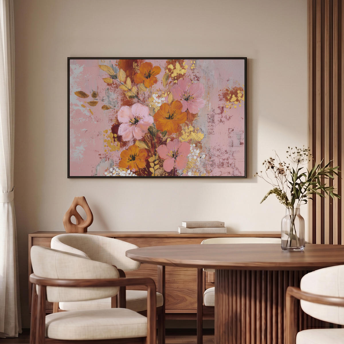 LEINWAND Bilder mit Rahmen - Malerei - Blumen - Rustikal - Rosa - 90x60 - Altrosa, Textil (90/60cm) - MuchoWow
