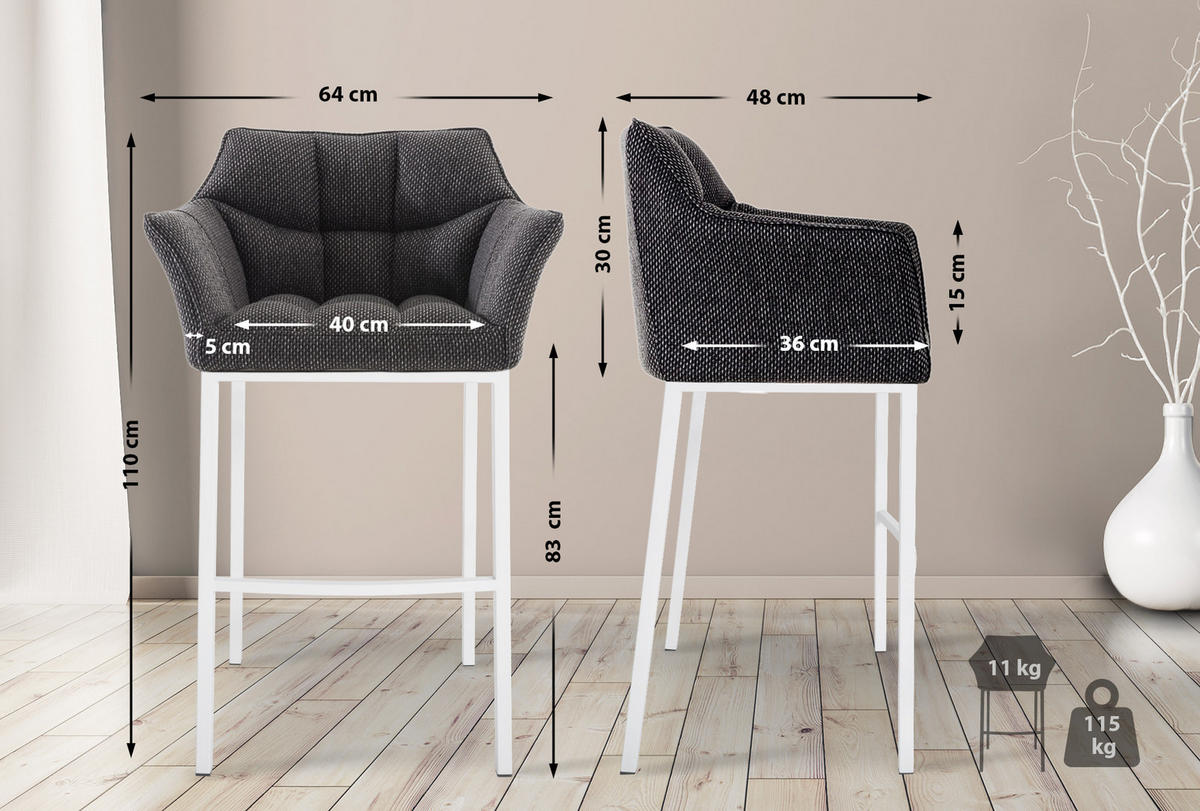 BARHOCKER Stoff Titangrau - Graubraun/Weiß, Textil/Metall (64/110/48cm) - CLP