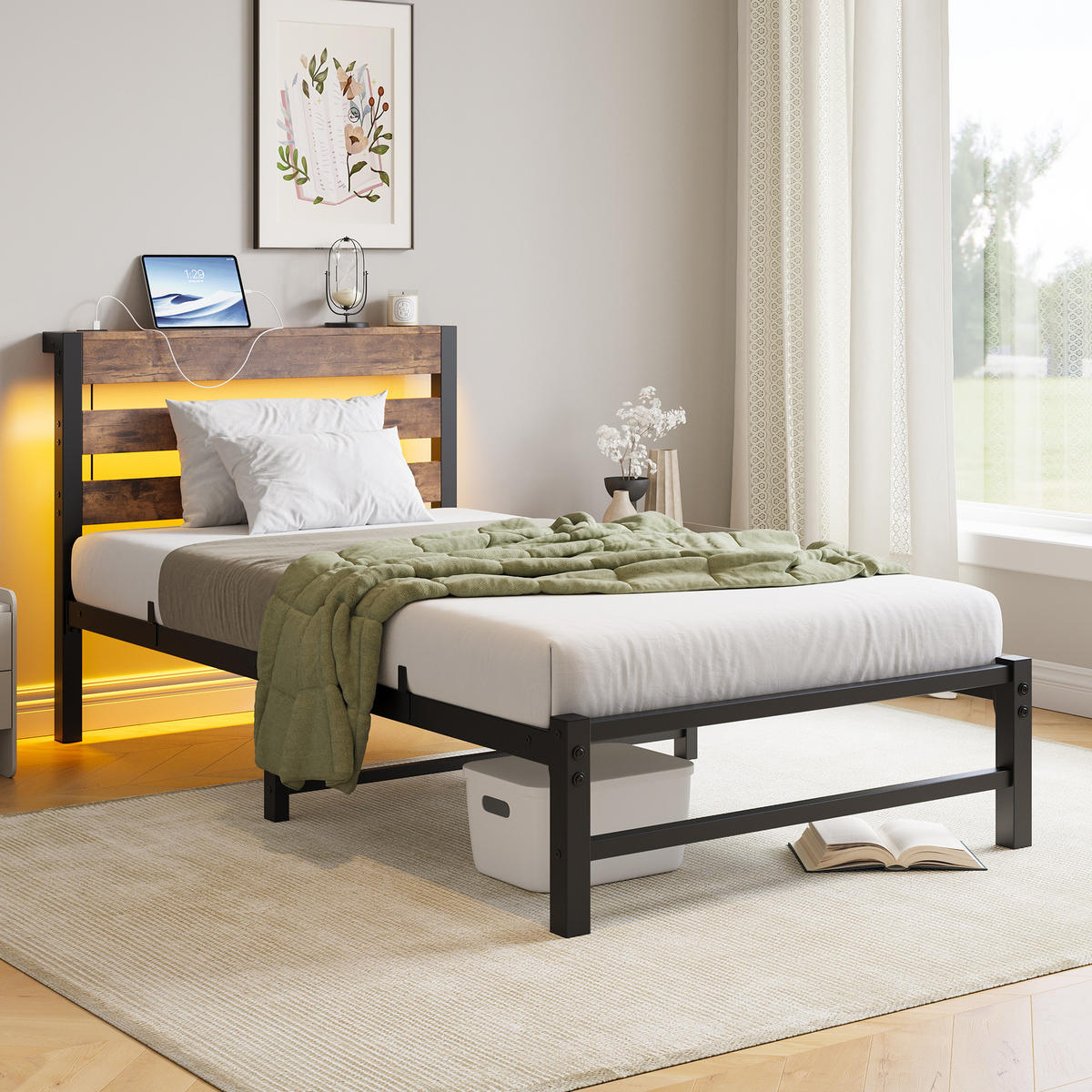 METALLBETT 90/200 cm Braun mit LED-Beleuchtung, USB-Ladestation und Stauraum unter dem Bett - Braun, Metall (90/200cm) - Oxeza