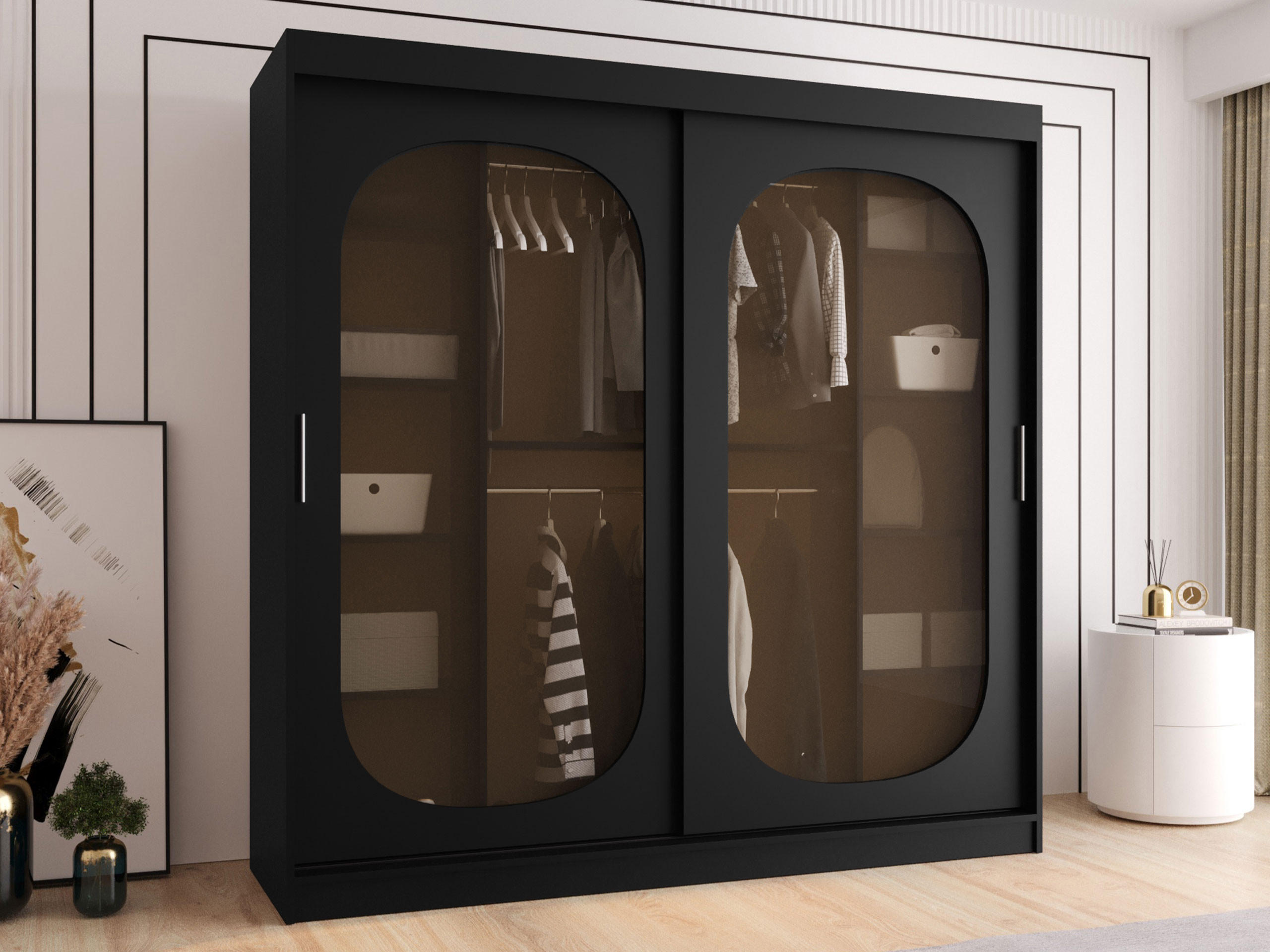 SCHWEBETÜRENSCHRANK Bahrajn 200 mit Schubladen - Silberfarben/Schwarz, Holzwerkstoff/Kunststoff (200/200/62cm) - MIRJAN24