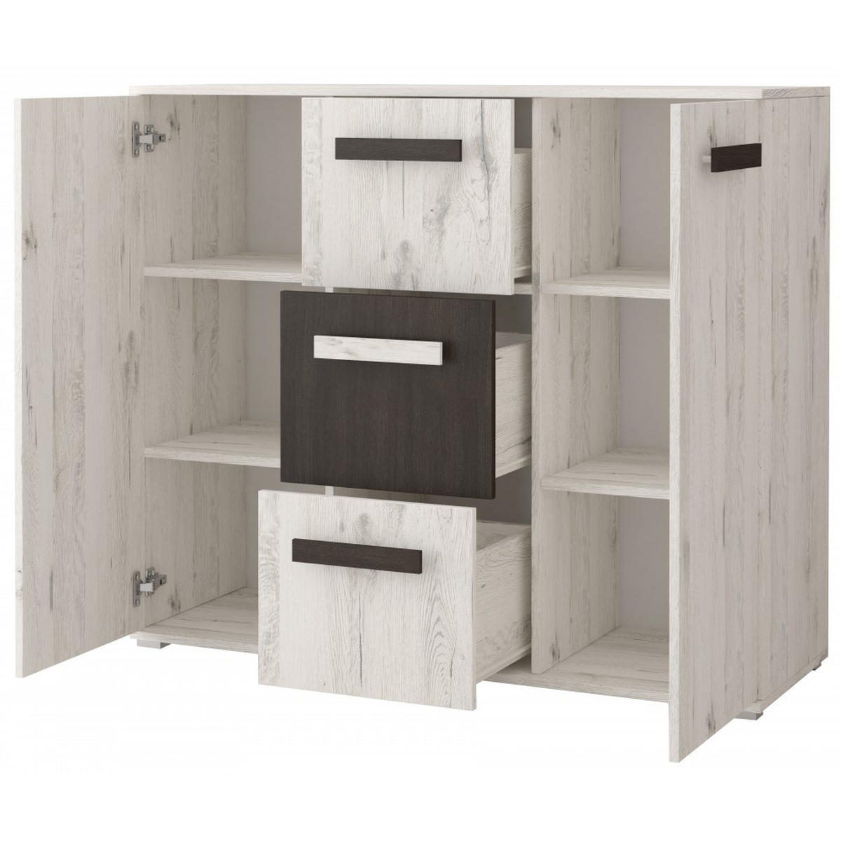 KOMMODE 120/102/42 cm VIVA 3S2D Craft Eiche Weiß, Craft Eiche Weiß + Schwarze Norwegische Kiefer - Schwarz/Weiß, Holz (120/102/42cm) - imoebel24