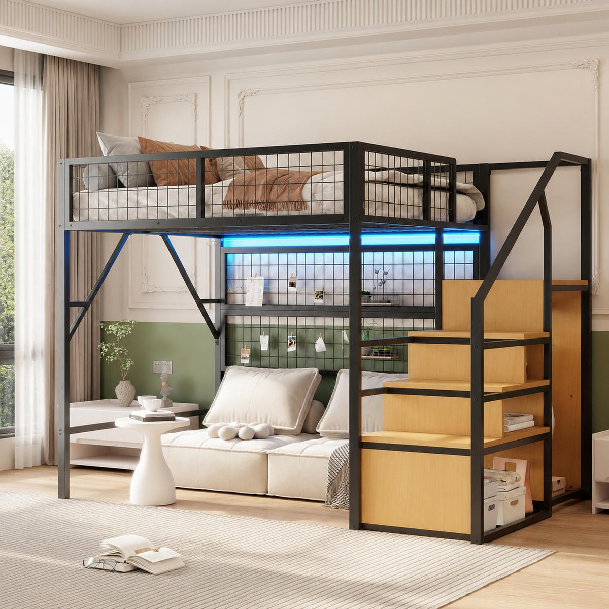 HOCHBETT 140/200 mit Stauraumtreppe, APP-LED und offenem Kleiderschrank in Schwarz - Schwarz, Holzwerkstoff/Metall (140/200cm) - EVRYAE