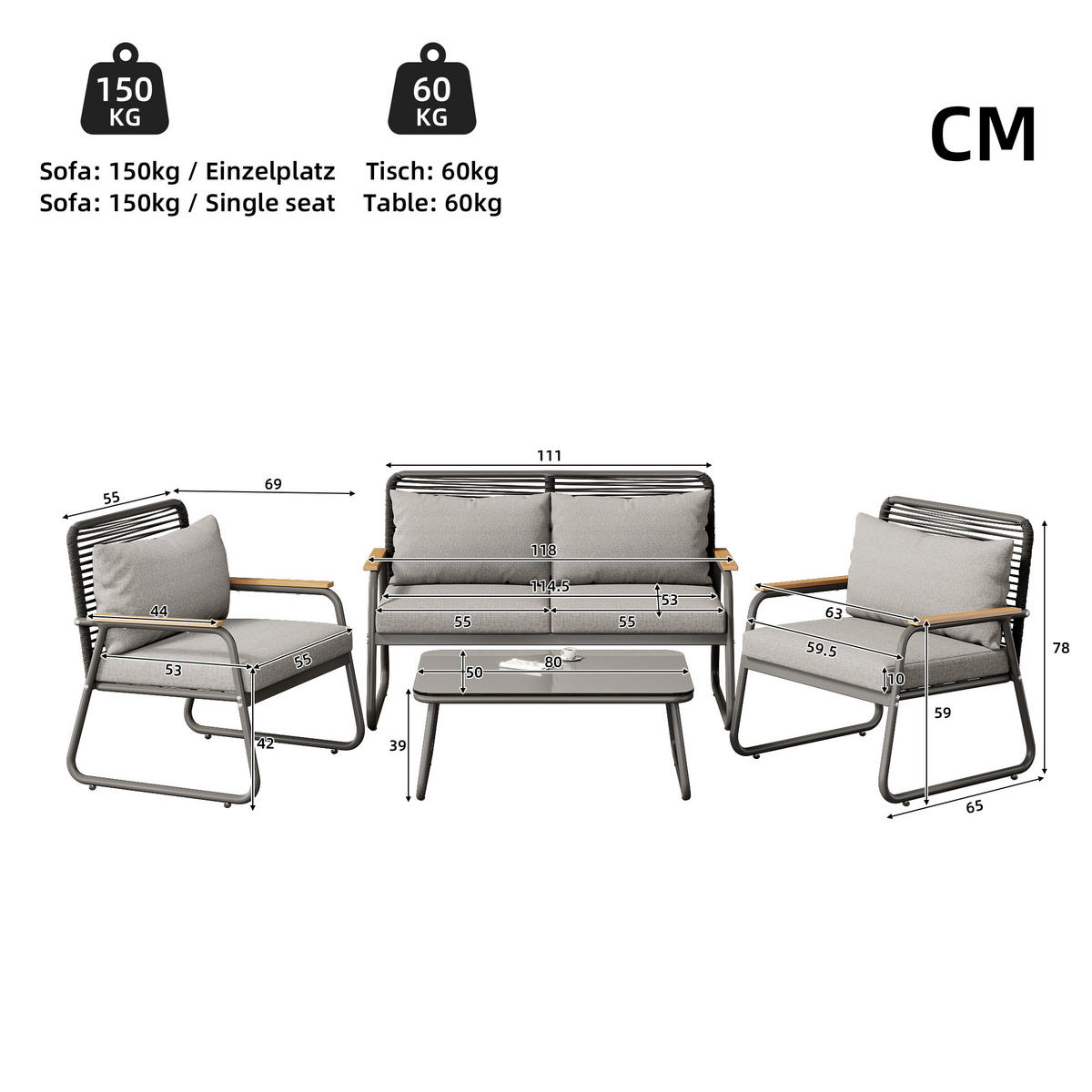 GARTEN Lounge Set für 4 Personen mit Eisenrahmen Glastisch verstellbaren Beinen Sitz und Rückenkissen Grau - Grau, Metall - FLIEKS