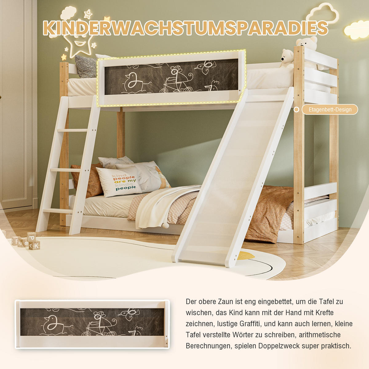 ETAGENBETT 90/200 cm & 90/190 cm in Weiß mit Rutsche, Treppe und Tafel Holz - Weiß, Holz/Holzwerkstoff (90/200cm) - CHICFURN