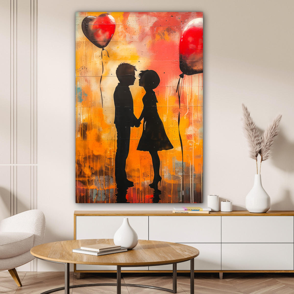 LEINWANDBILD Straßenkunst - Liebe - Graffiti - Kunst - Banksy 80x120 cm - Orange, Textil (80/120cm) - MuchoWow