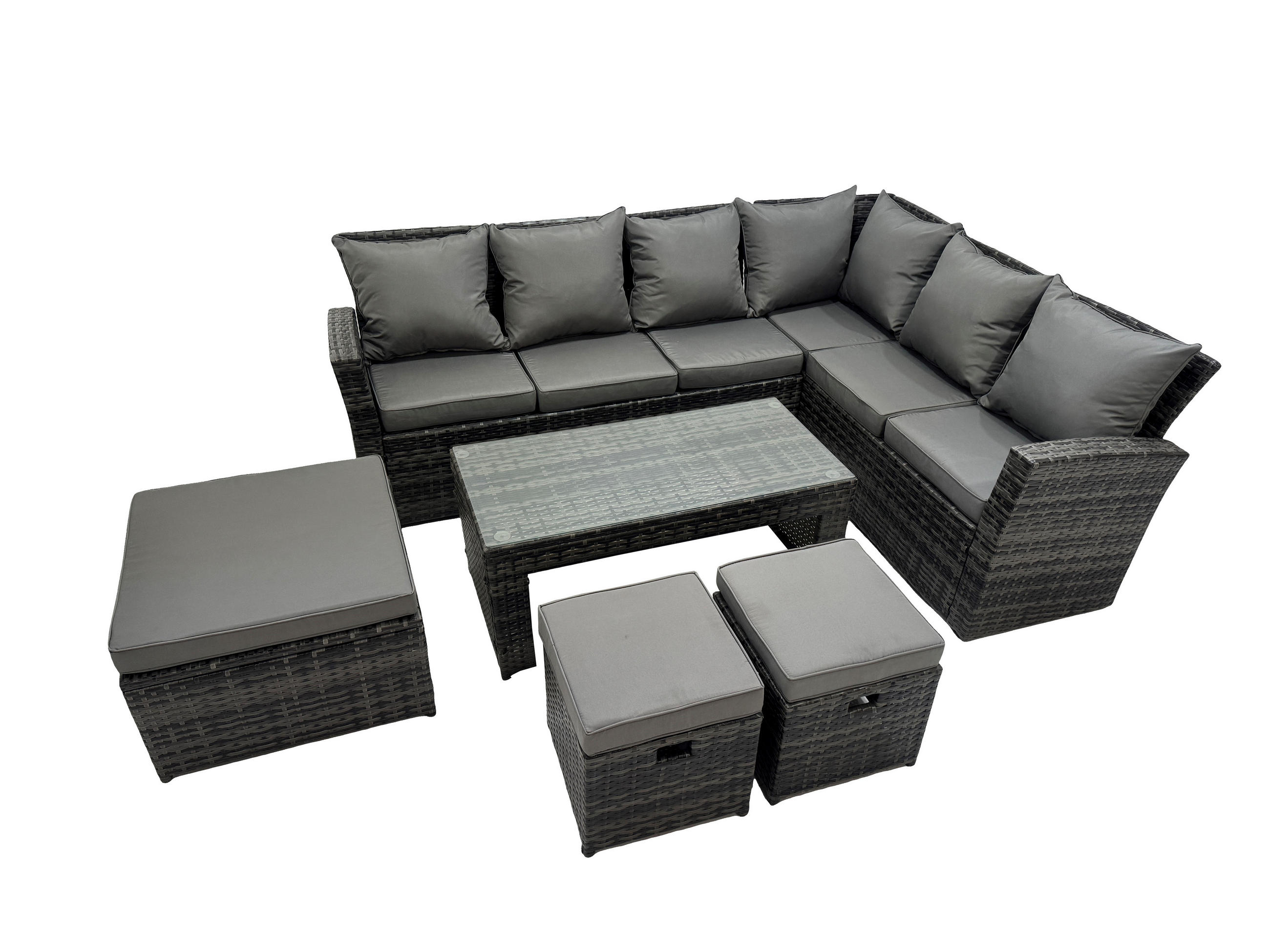 GARTENSOFA SET Hohe Rückenlehne Polyrattan Dunkelgrauer Mix 9-Sitzer - Dunkelgrau/Grau, Glas/Kunststoff - Fimous