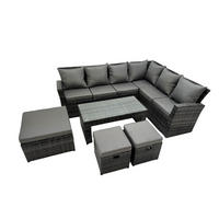 GARTENSOFA SET Hohe Rückenlehne Polyrattan Dunkelgrauer Mix 9-Sitzer - Dunkelgrau/Grau, Glas/Kunststoff - Fimous