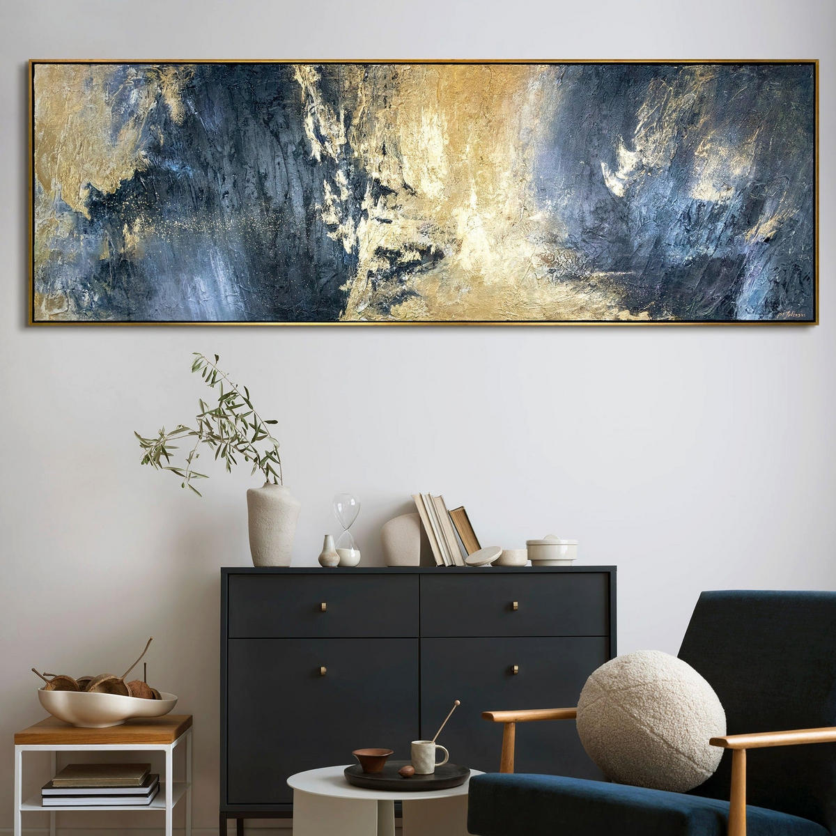 GEMÄLDE Spiegelungen Schattenfugenrahmen Schwarz-Gold 120x40 cm - Schwarz Hochglanz, Holz (120/40cm) - YS-art gallery