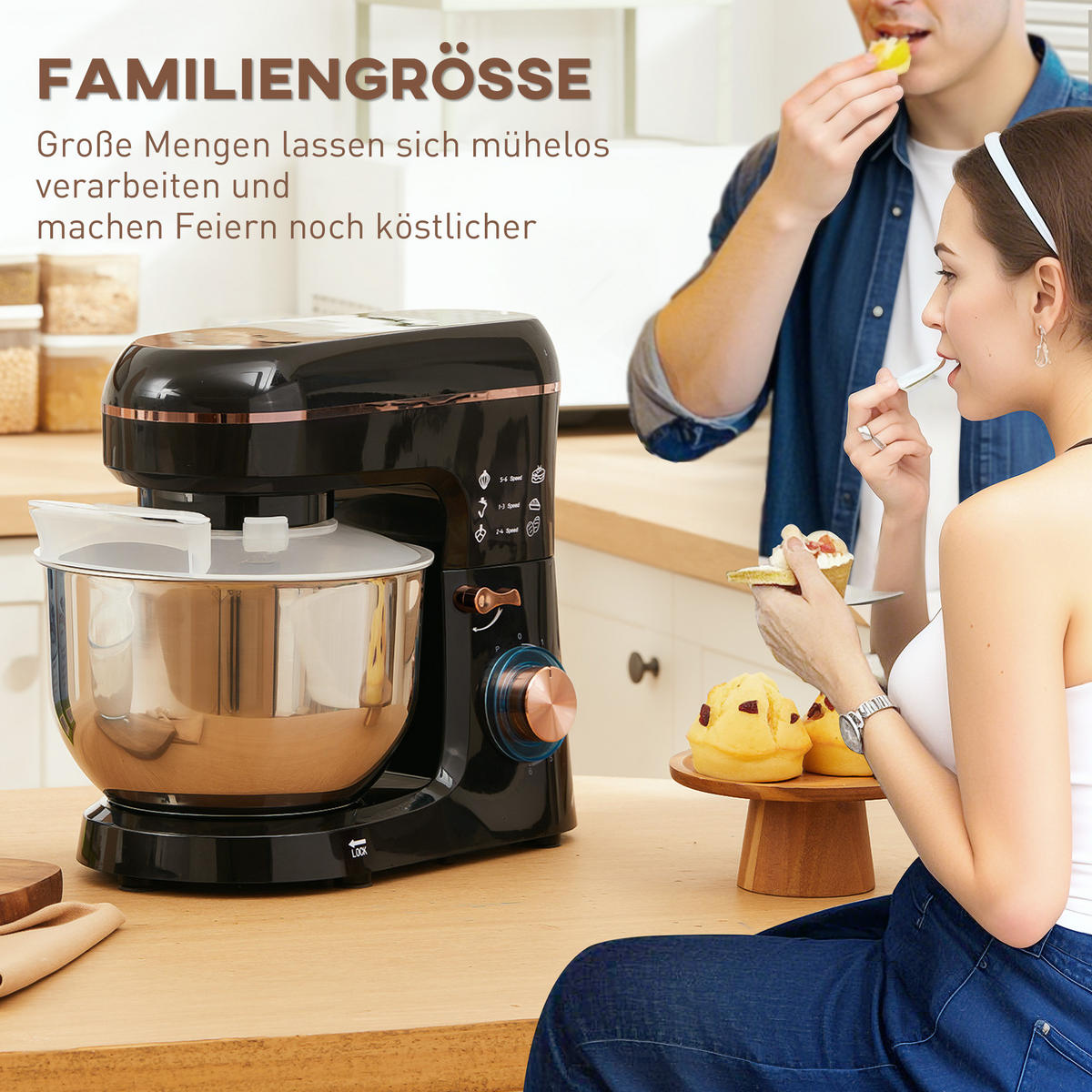KÜCHENMASCHINE Schwarz mit 6 Stufen und 5,5 L Edelstahlschüssel - Schwarz, Metall (26/32/41cm) - Korfee