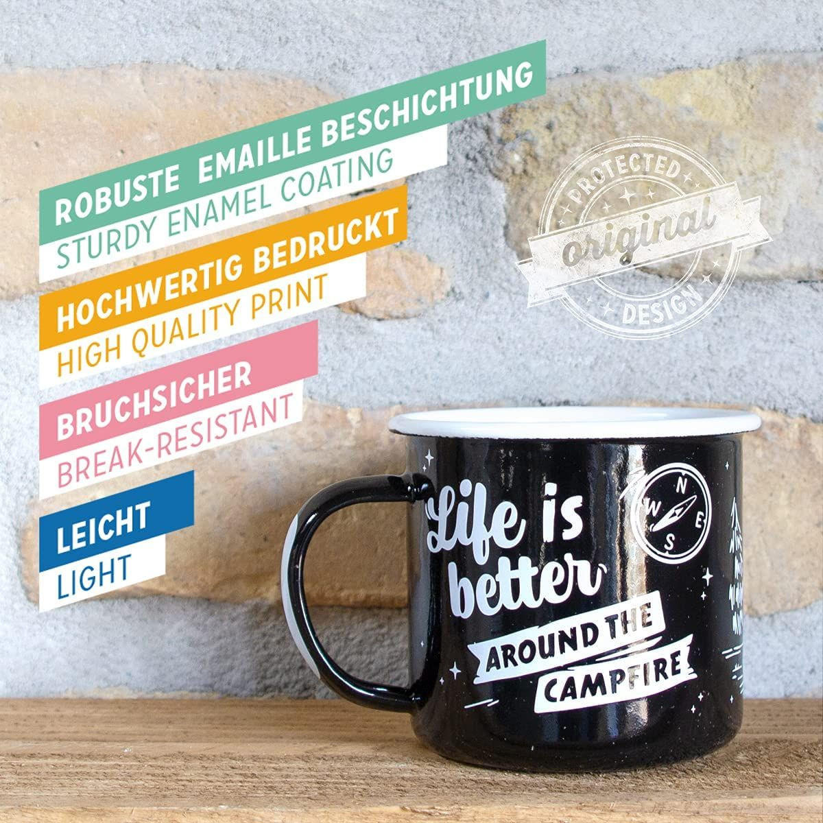 EMAILLE-BECHER 360 ml Outdoor & Activties Life Is Better Around The Campfire - Schwarz/Weiß, Metall (0.36L) - Nostalgic-Art