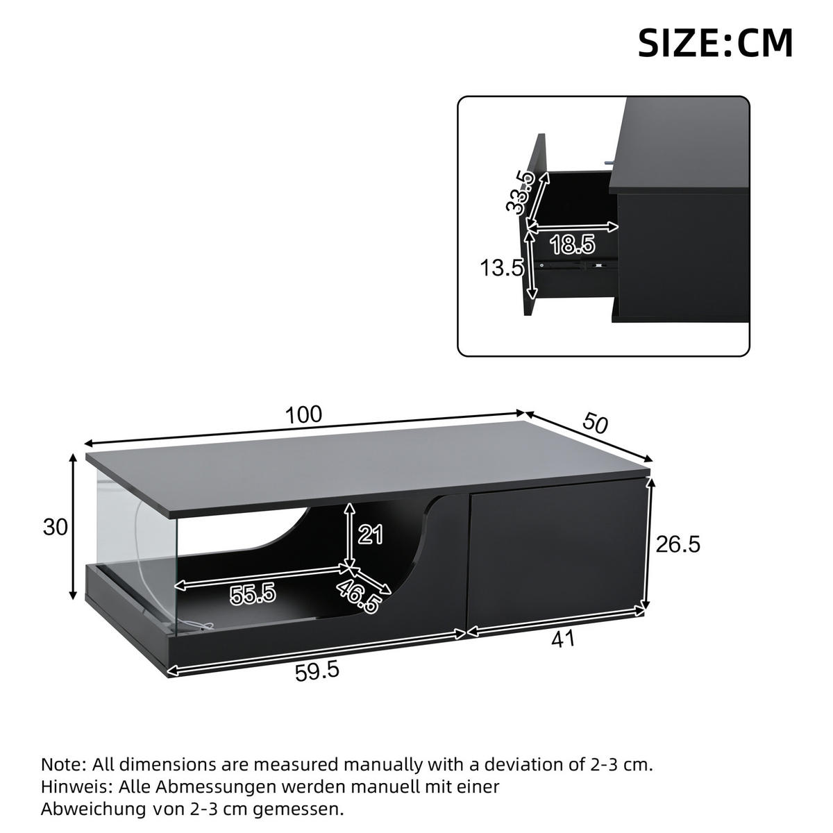 COUCHTISCH 100/50/30 cm schwarz mit 2 Schubladen und LED-Beleuchtung - Schwarz, Holzwerkstoff (100/50/30cm) - OKWISH