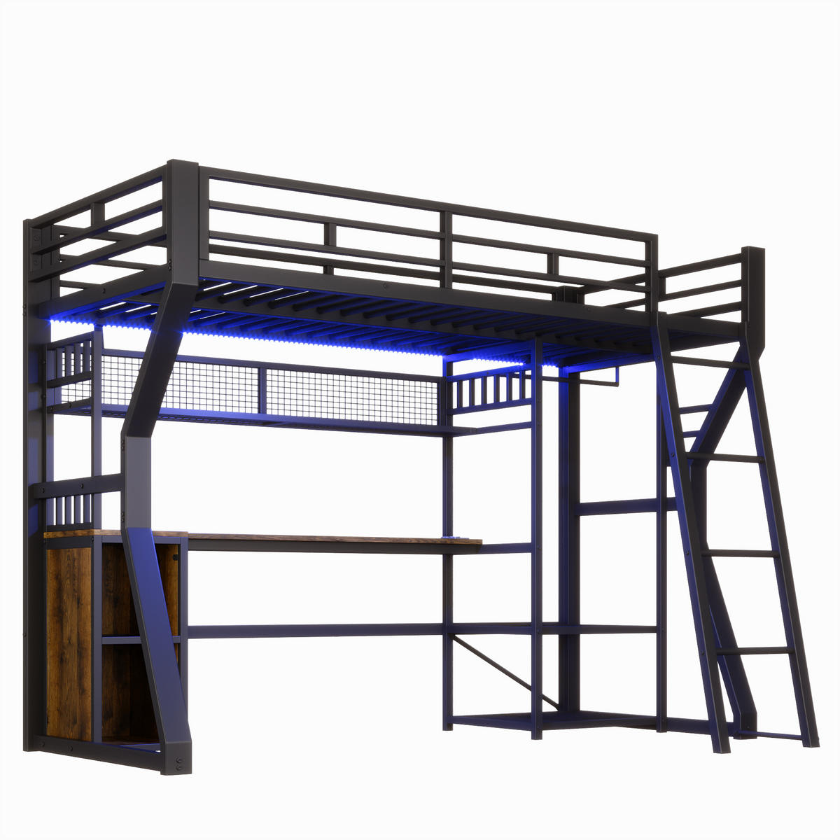 HOCHBETT 90/200 cm in Schwarz mit Lichtleiste, Steckdose, Schreibtisch und Staufächern - Schwarz, Holzwerkstoff/Metall (90/200cm) - WISHDOR