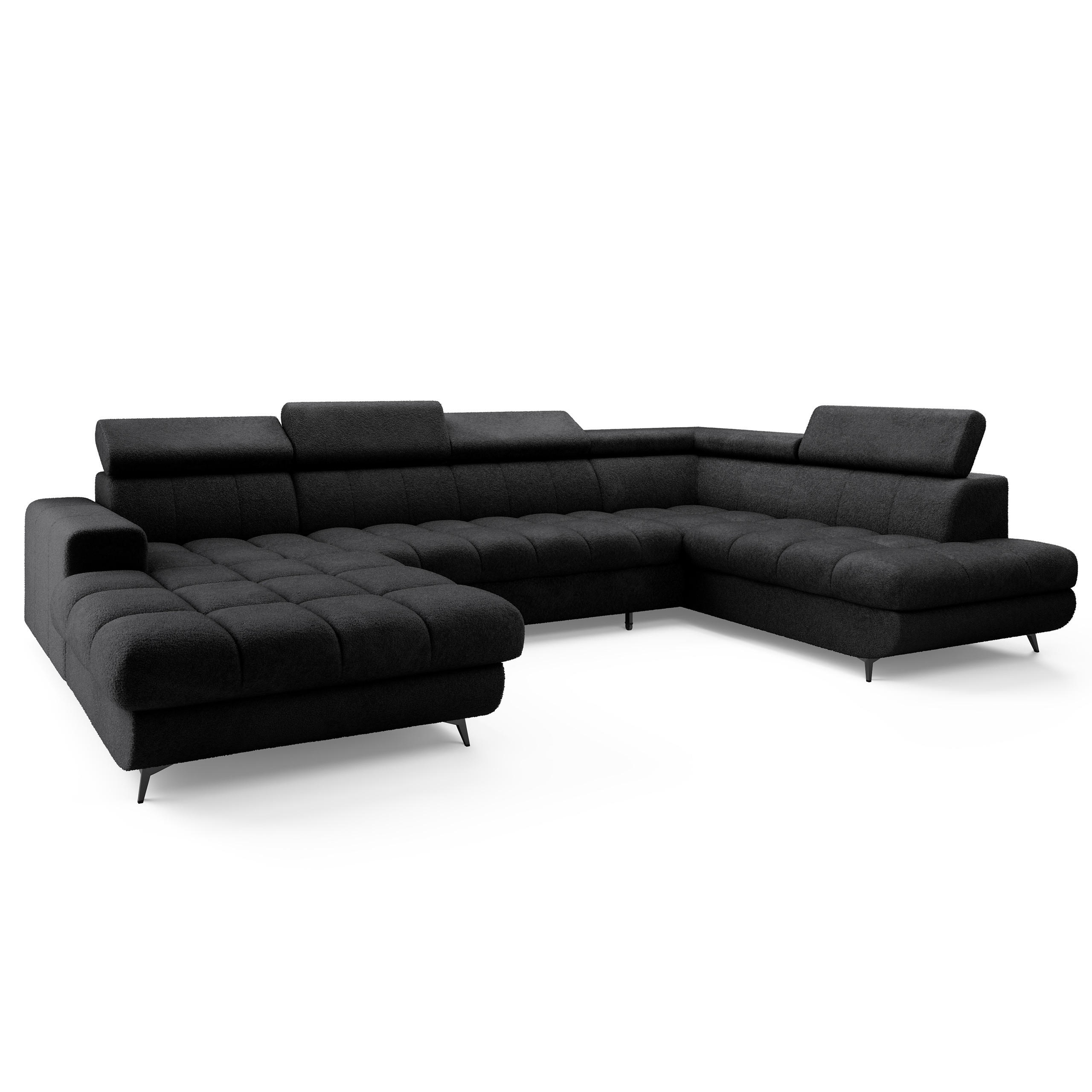 WOHNLANDSCHAFT CORENO Schwarz Boucle-Stoff mit Schlaffunktion - Schwarz, Holz (345/88/190cm) - MASSENO