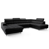 WOHNLANDSCHAFT CORENO Schwarz Boucle-Stoff mit Schlaffunktion - Schwarz, Holz (345/88/190cm) - MASSENO