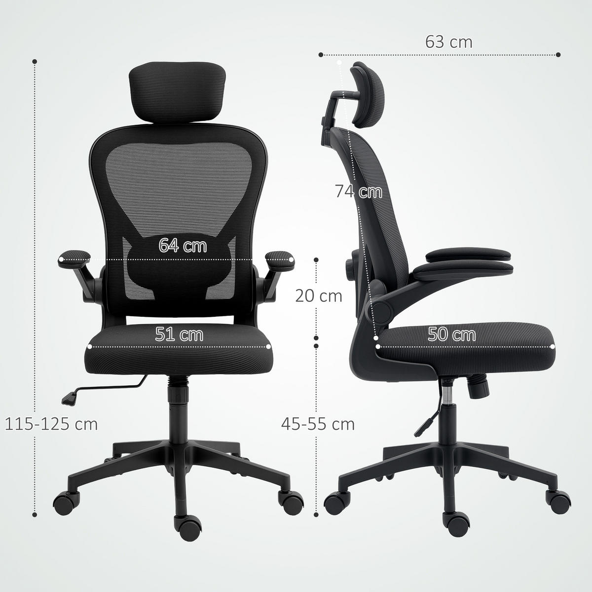 BÜROSTUHL Ergonomischer Schreibtischstuhl mit Hochklappbaren Armlehnen Schwarz - Schwarz, Kunststoff/Textil (63/125/64cm) - HOMCOM