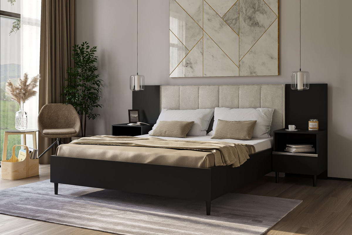 DOPPELBETT Luk II 160/200 cm ohne Matratze, Lattenrost, Bettkasten, schwarz, beige - Beige/Schwarz, Kunststoff (160/200cm) - Margaret Hadas24