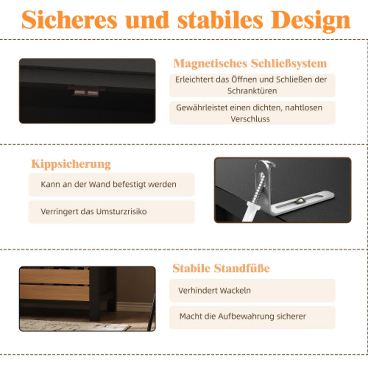 SIDEBOARD 80×40×140 cm aus MDF & Metall mit großem Stauraum und Kippschutz, schwarz - Schwarz, Holzwerkstoff (80/140/40cm) - Luhomfu