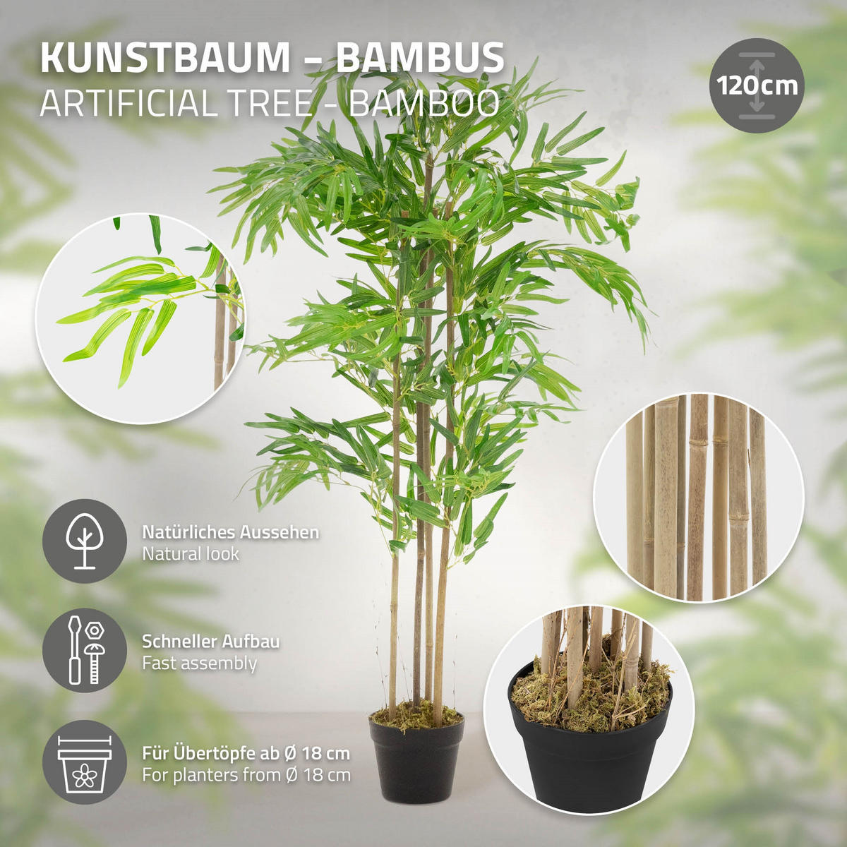 KUNSTPFLANZE Bambus - Anthrazit/Grün, Holz/Kunststoff (120cm) - ML-DESIGN