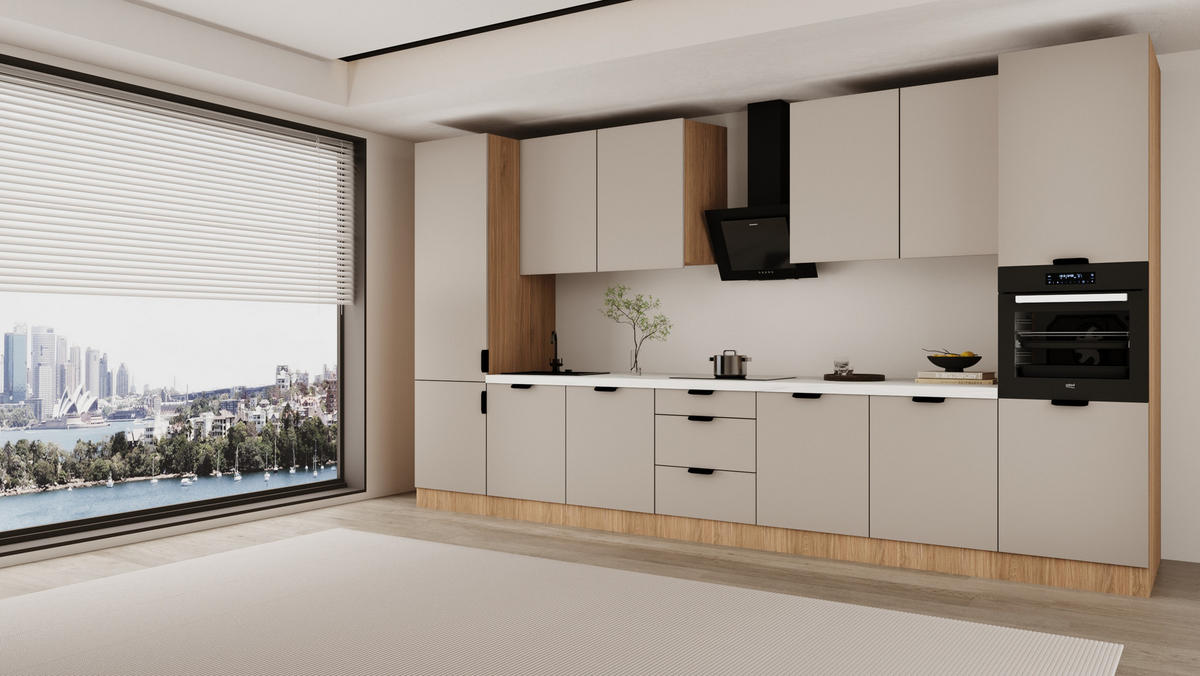 KÜCHENZEILE 420 cm - SorentoKS7-M420 - in Beige / Sonoma Eiche - Beige/Schwarz, Holz/Metall (420/247/58cm)