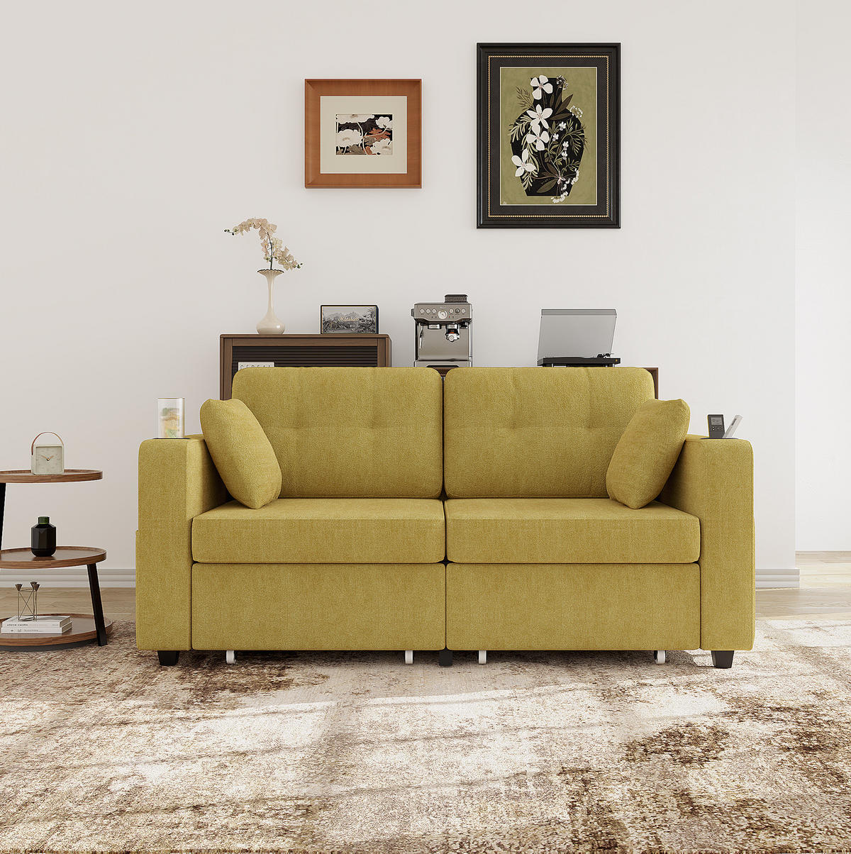 2-SITZER Sofa 172/75/82 cm mit USB-Anschlüssen, Stauraumschubladen und Getränkehaltern, Chenille, Senfgelb - Gelb, Textil (172/82/75cm) - Redom