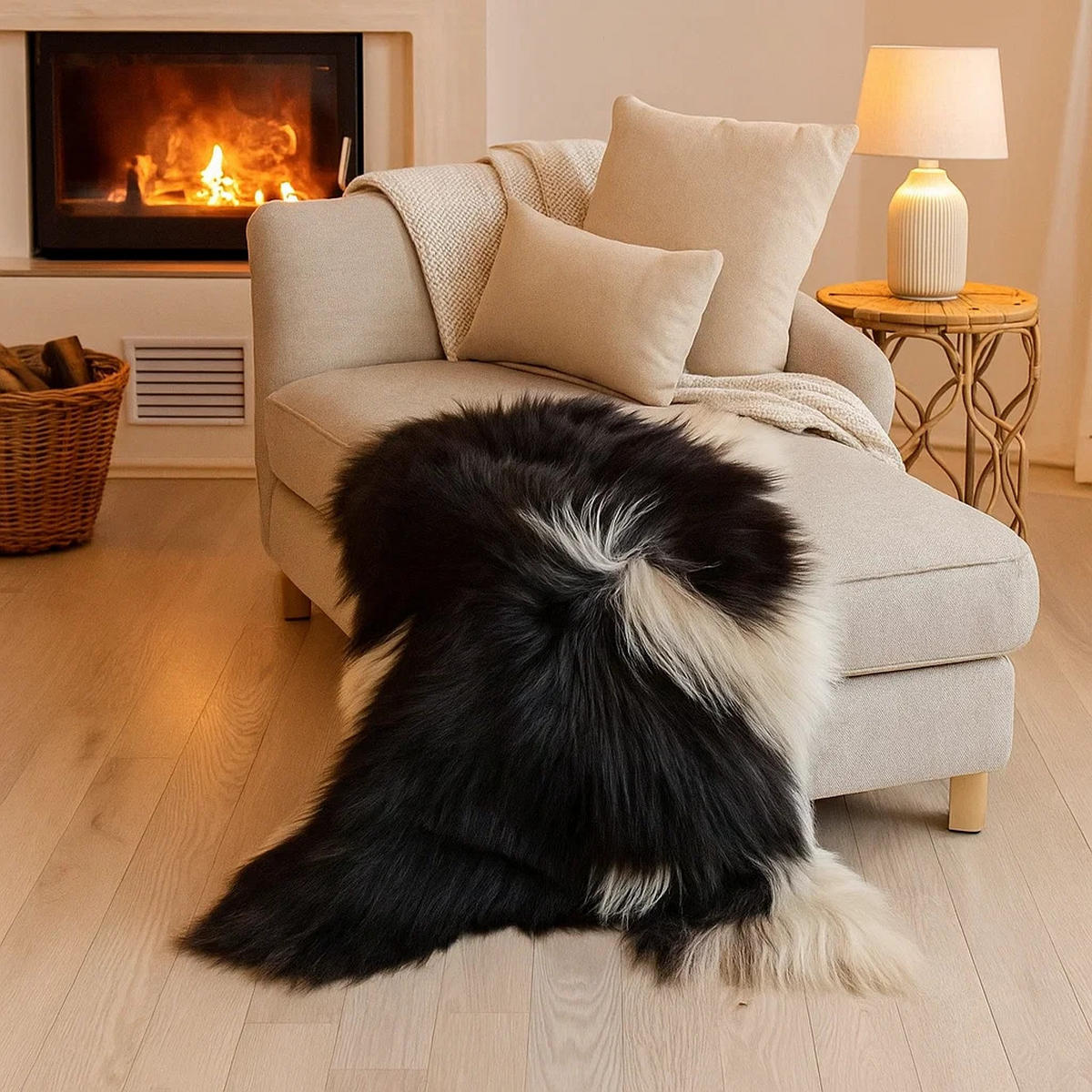 SCHAFFELL Ganzes Island Lammfell Langhaarig Naturfarben Weiß/Schwarz, ca. 120 cm - Schwarz, Fell (65/120cm) - Provellus