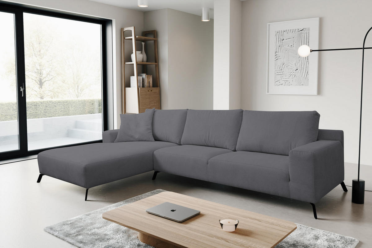 ECKSOFA Aspen in L-Form, Coach Farbe: Grau, Velourstoff, Ottomane Links - Grau, Textil (187/312cm) - VENASI MÖBEL