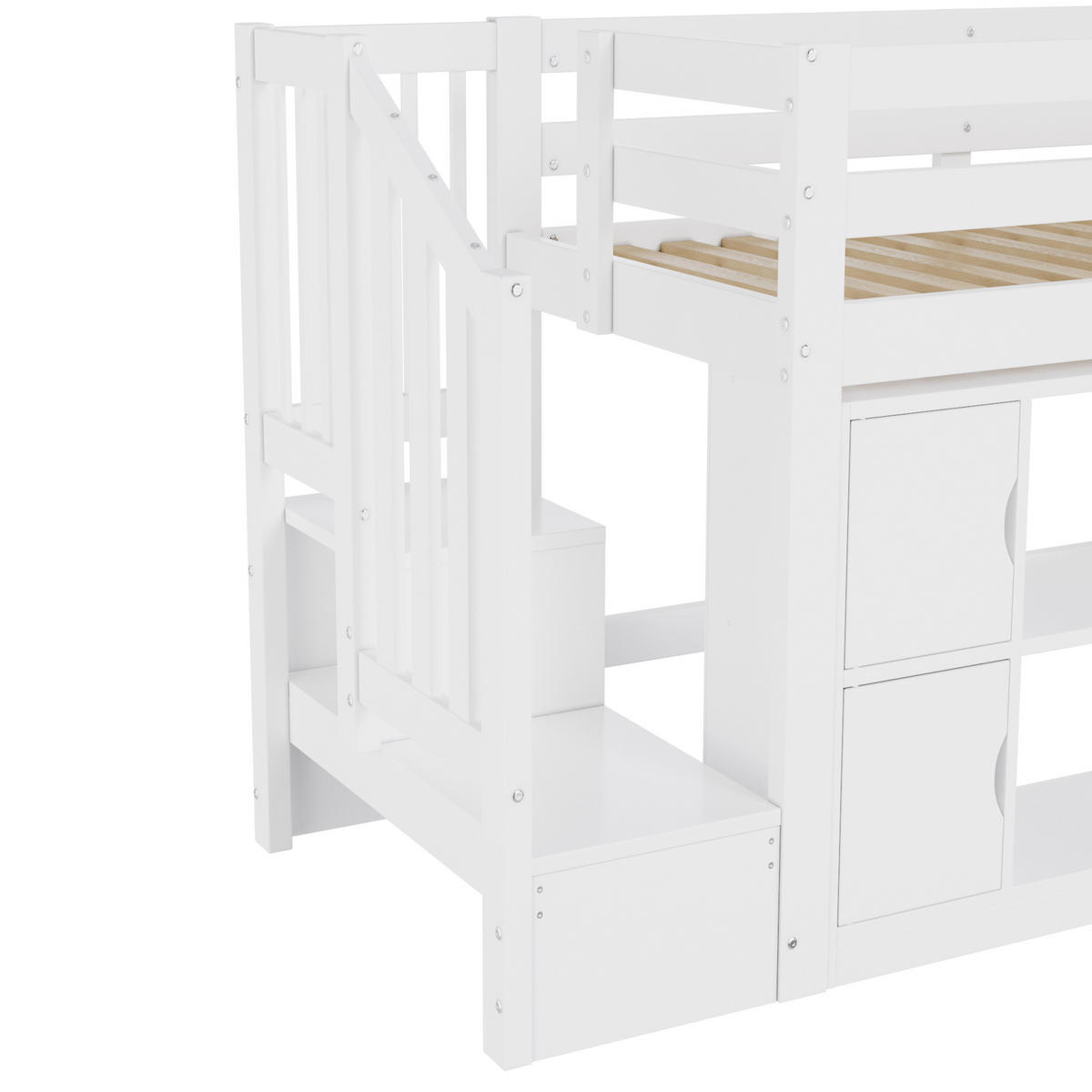 HOCHBETT 90 x 200 cm mit Ablagefächern, Schränken, Treppe mit Stauraum und LED-Beleuchtung, Weiß - Weiß, Holz (90/200cm) - KOMHTOM