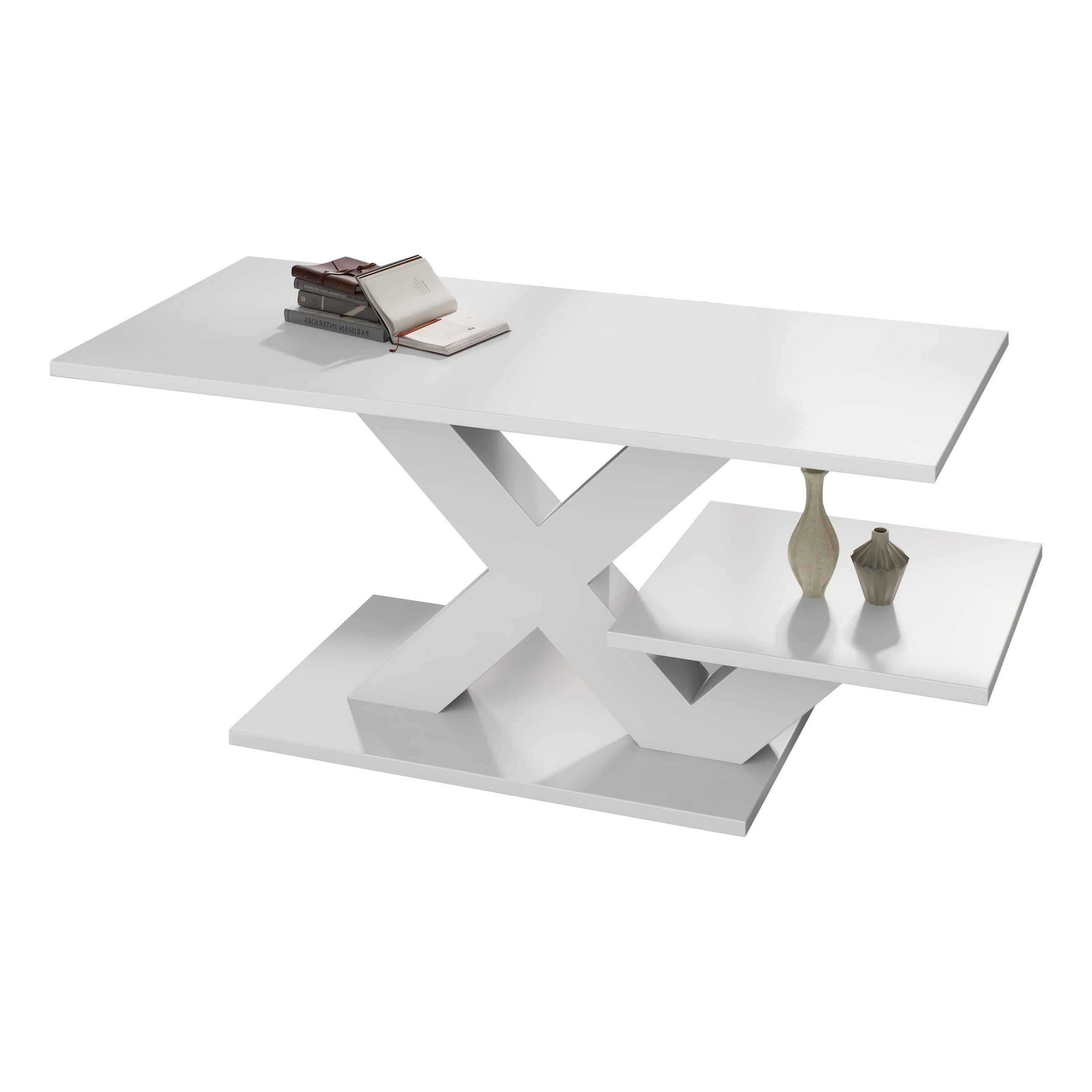 COUCHTISCH mit doppelter Arbeitsplatte und X-förmigen Tischbeinen MDF Weiß 100/48/45 cm - Weiß, Holzwerkstoff (100/48/45cm) - EVRYAE