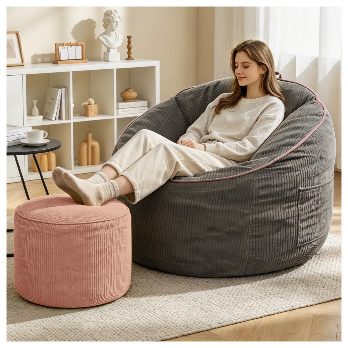SITZSACK Flanell Grau mit Hocker und Seitentasche - Grau, Textil (103/80/95cm) - WISHDOR