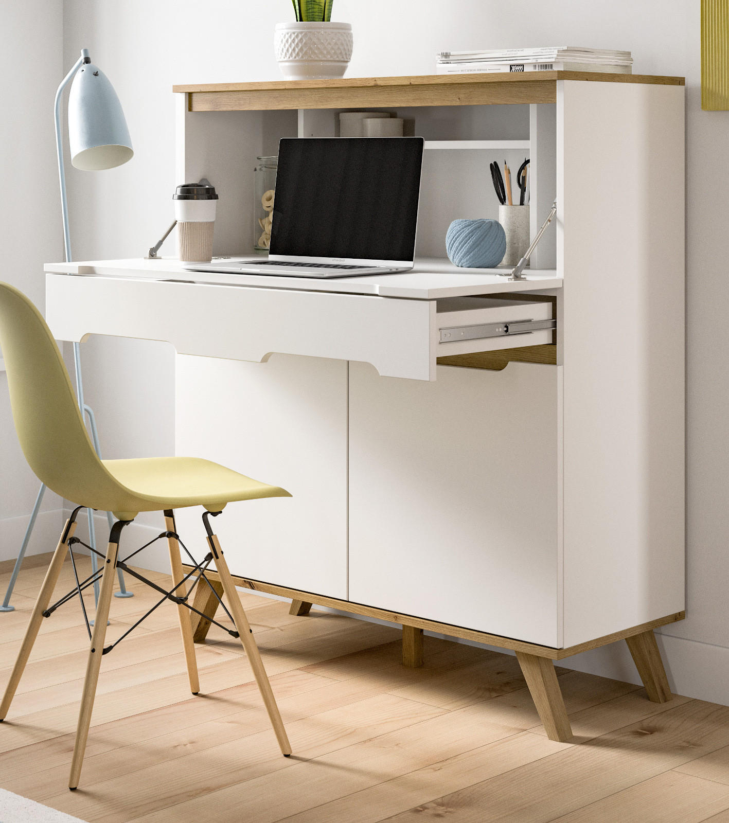 SEKRETÄR weiß, Eiche 100 cm skandinavisch, Schreibtisch mit Soft-Close - Eichefarben/Weiß, Holzwerkstoff/Metall (110/40/118cm) - Inn.Furn