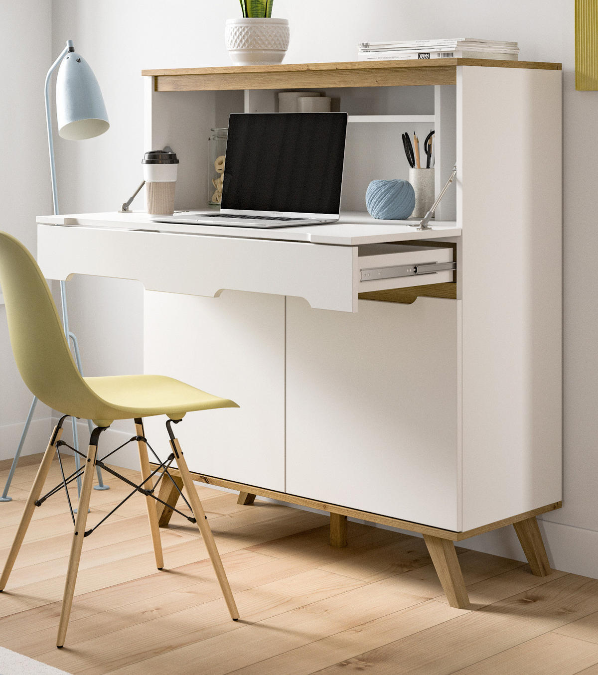 SEKRETÄR weiß, Eiche 100 cm skandinavisch, Schreibtisch mit Soft-Close - Eichefarben/Weiß, Holzwerkstoff/Metall (110/40/118cm) - Inn.Furn
