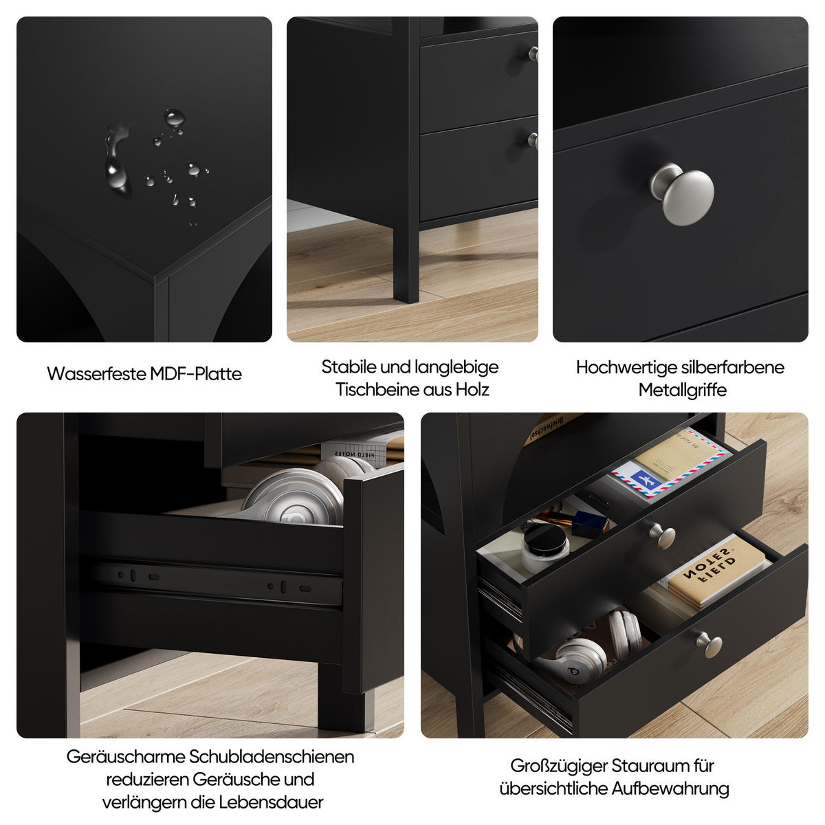 NACHTTISCH Schwarz 45 cm – Nachtkonsole mit 2 Schubladen & offenem Fach - Schwarz, Holzwerkstoff (45/58/40cm) - Urban Meuble