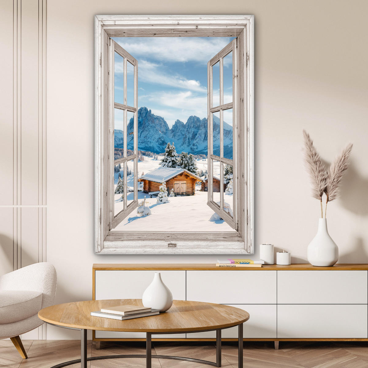 LEINWANDBILD Winterlandschaft - Hütte - Berge - Ausblicke - Aussicht - Natur 80x120 cm - Weiß Hochglanz, Textil (80/120cm) - MuchoWow