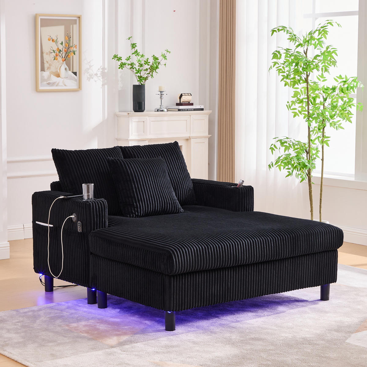CHAISELONGUE 2-Sitzer Cord Schwarz mit LED, USB und Getränkehalter - Schwarz, Holzwerkstoff/Kunststoff (128/85/142cm) - WISHDOR