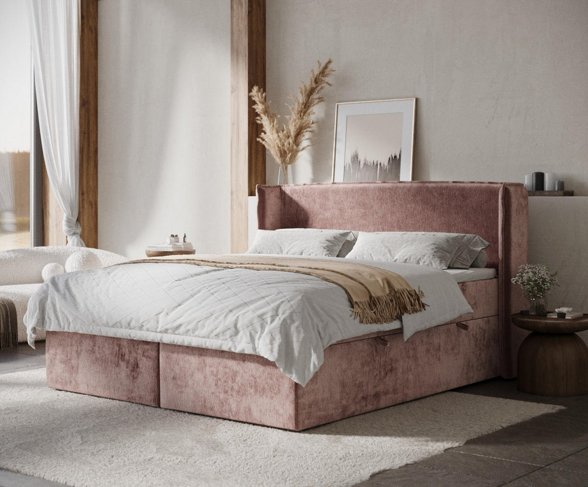 BOXBETT Skyline Rosa 200/200 cm mit Matratze und Topper - Pink/Schwarz, Holz/Holzwerkstoff (200/200cm) - Maison de Reve
