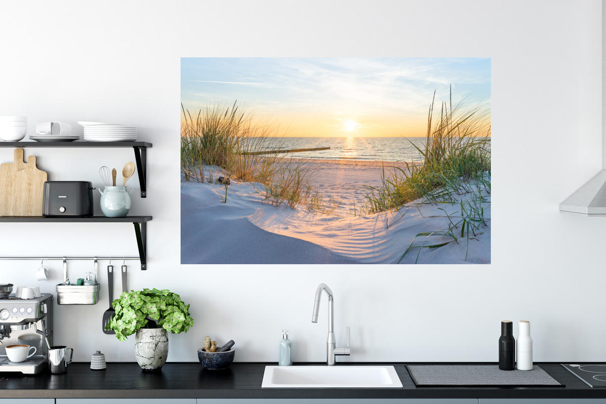 WANDTATTOO Strand - Sonne - Düne - Gras - Sand - Horizont 120x80 cm - Hellblau, Kunststoff (120/80/0.1cm) - MuchoWow
