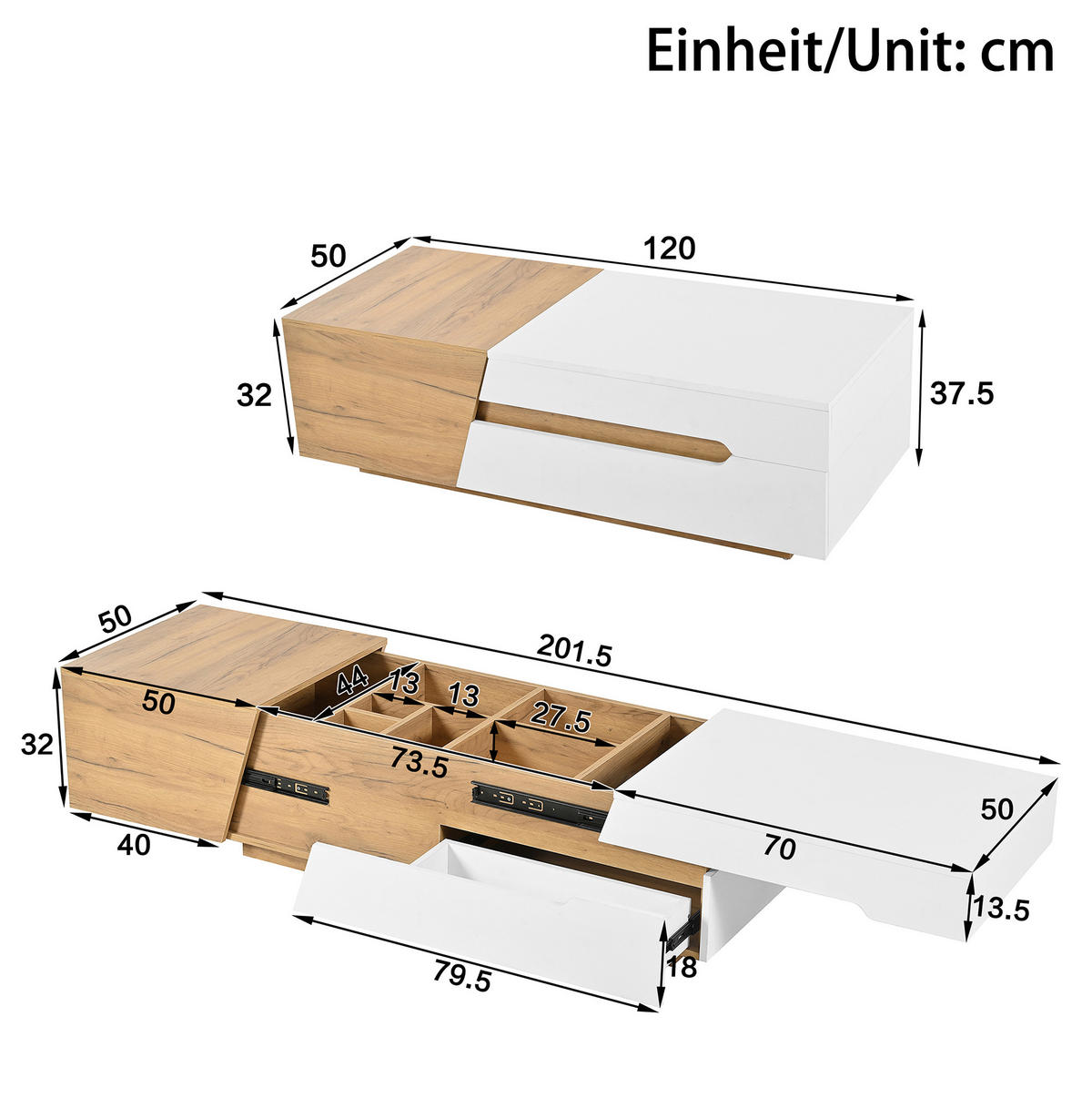COUCHTISCH 120/50/37,5 cm mit Schiebefunktion und Schubladen in Weiß/Natur - Naturfarben, Holzwerkstoff (120/50/37.5cm) - Flora Grace