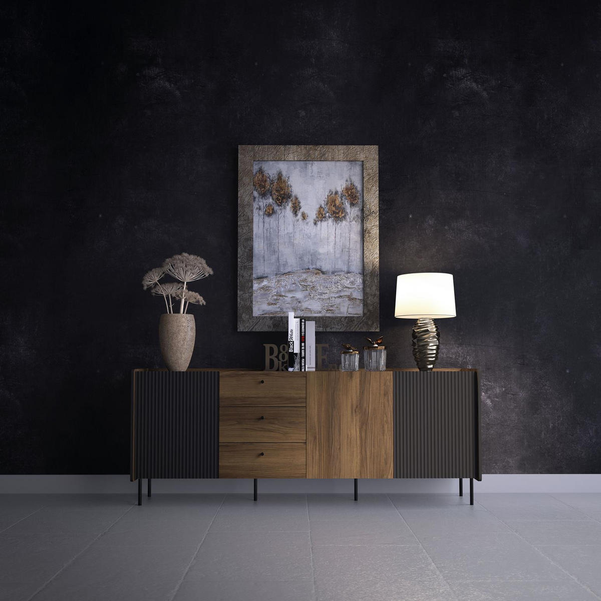 KOMMODE Prestigo Schwarz, Warmia Walnuss, Dreitürige Kommode mit Schubladen - Walnussfarben/Schwarz, Holzwerkstoff (200/78/40cm) - Bettso
