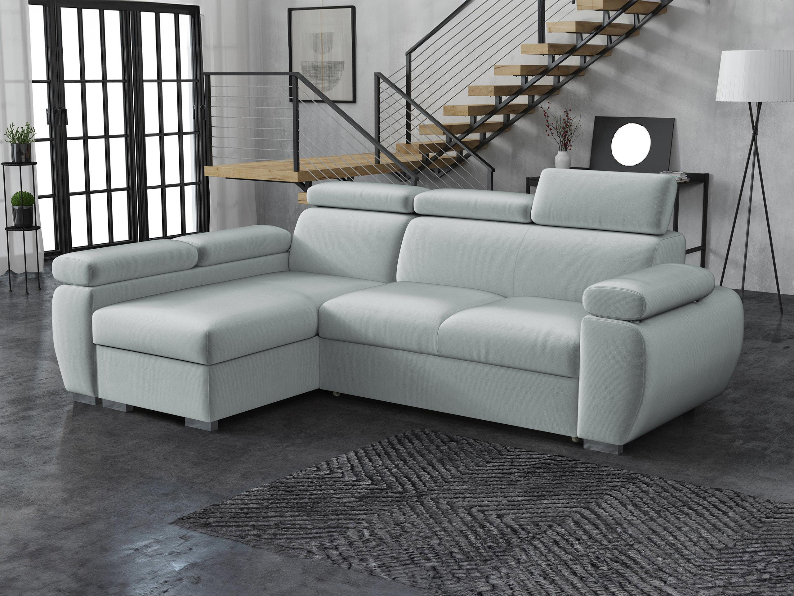 ECKSOFA Boston Mini, Seite: Links - LC+2R - Chromfarben/Blaugrau, Holz/Textil (255/170cm) - MIRJAN24
